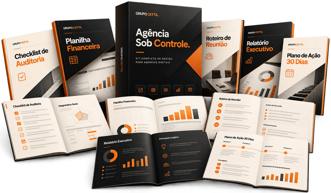 Capas e páginas internas dos materiais: checklist, planilha, roteiro de reunião, relatório executivo e plano de correção